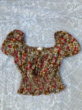 Smocked Floral Peasant Top - Rust & Red
